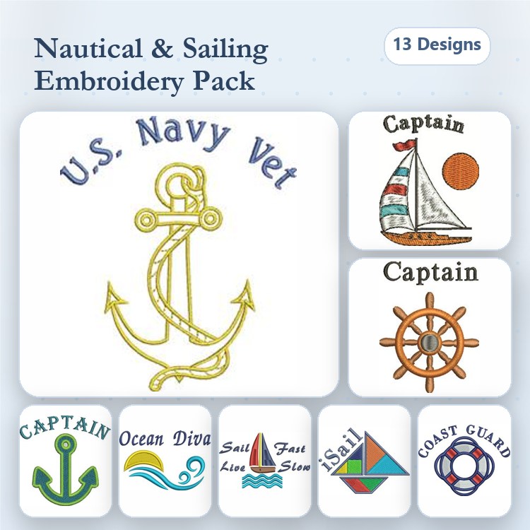 Nautical & Sailing Embroidery Designs Bundle – U.S. Navy Vet, Anchor, Sailboat & More (13 Designs)