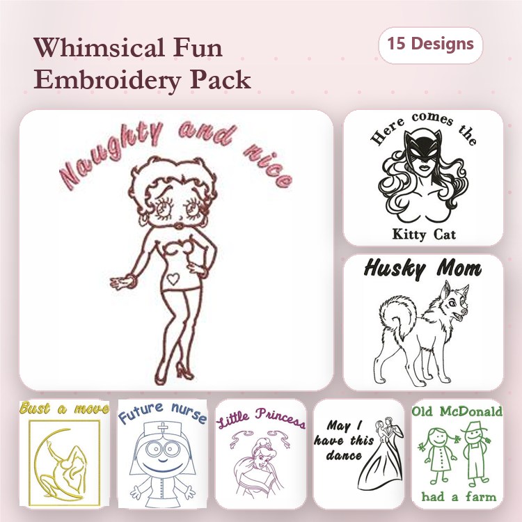 Redwork Whimsical Fun Embroidery Designs Bundle – Naughty and Nice, Here Comes the Kitty Cat, Husky Mom & More (15 Designs)