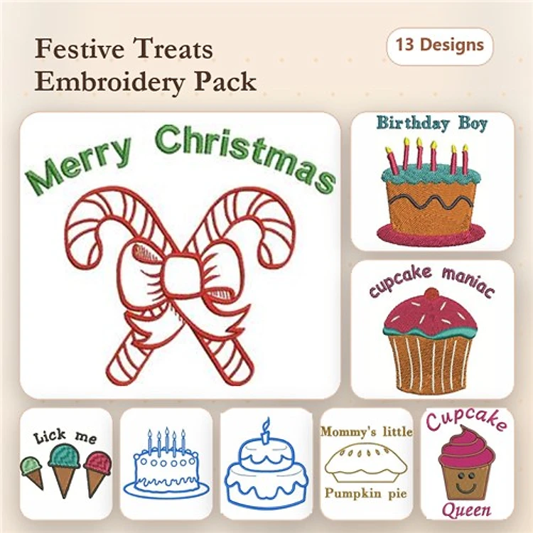 Redwork Festive Treats Embroidery Designs Bundle – Merry Christmas Candy Canes, Birthday Cake, Frosted Cupcake & More (13 Designs)