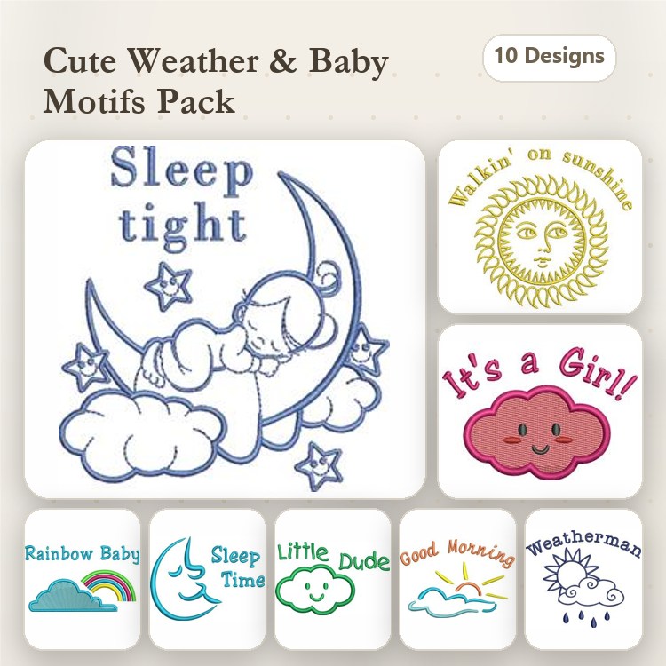Weather and Baby Embroidery Designs Bundle – Sleep Tight, Walkin' on Sunshine, It's a Girl & More (10 Designs)