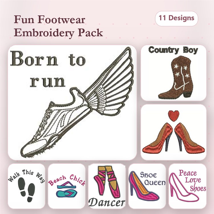 Footwear Themes Embroidery Designs Bundle – Born to Run, Country Boy, Walk This Way & More (11 Designs)