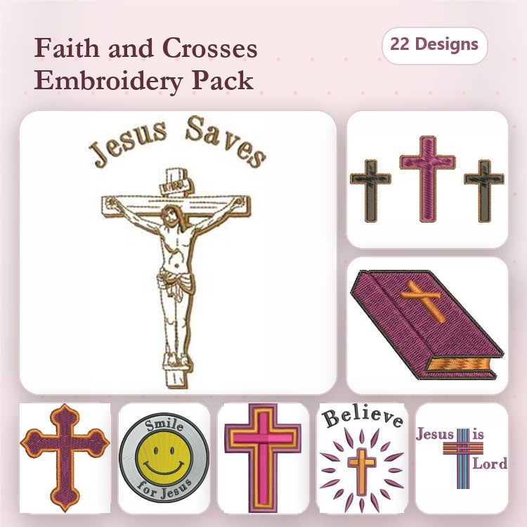 Faith & Crosses Embroidery Designs Bundle – Crucifix, Bible with Cross, Smile for Jesus & More (22 Designs)