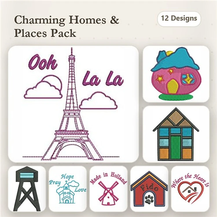 Lighthouse & Eiffel Tower Embroidery Bundle – Travel & Home Themes (14 Designs)