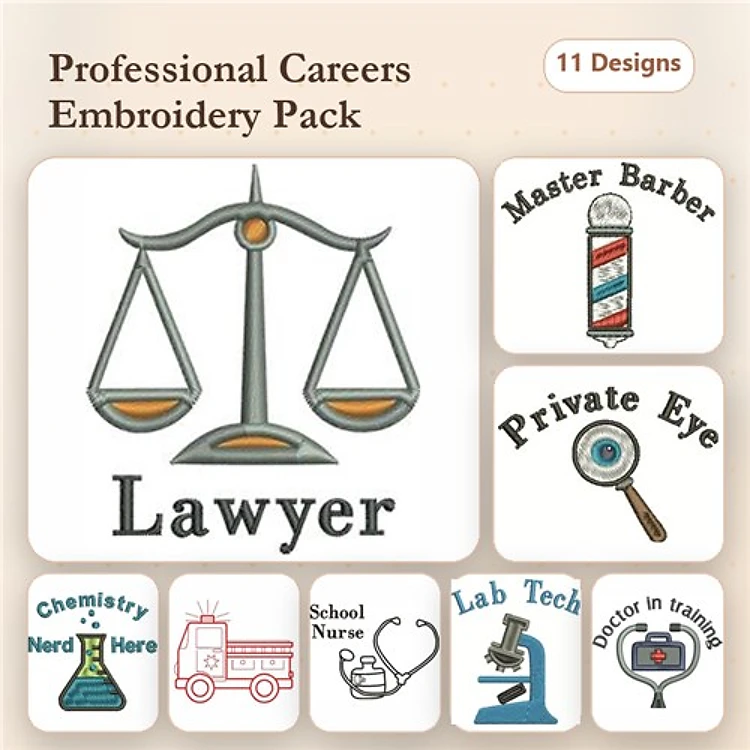 Professional Careers Embroidery Designs Bundle – Lawyer, Master Barber, Private Eye & More (11 Designs)