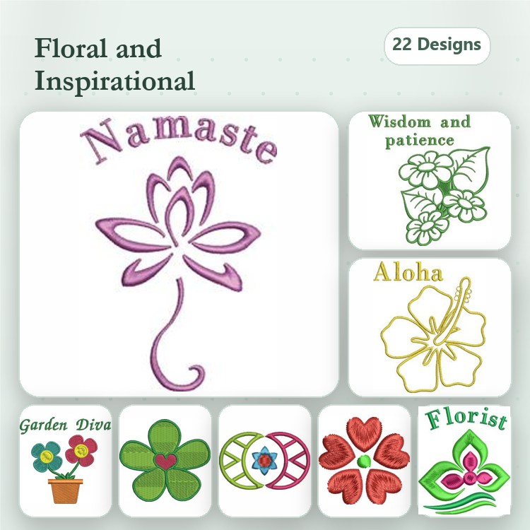 Floral and Inspirational Embroidery Designs Bundle – Namaste, Garden Diva, Wisdom and Patience & More (22 Designs)