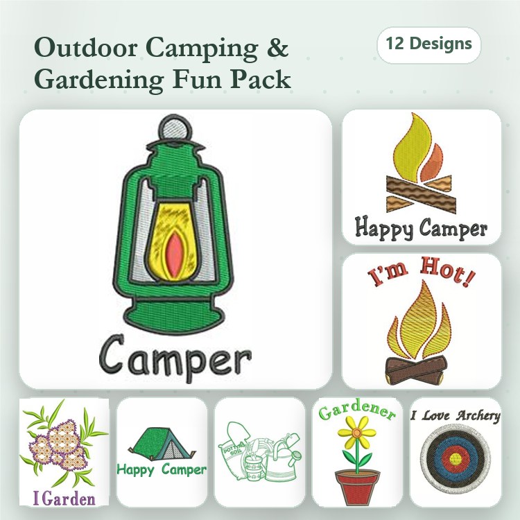 Camping & Gardening Embroidery Designs Bundle – Camper Lantern, Campfire, Gardener & More (12 Designs)