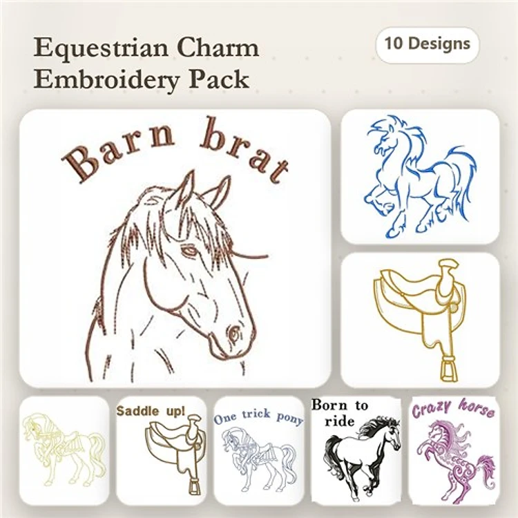 Redwork Equestrian Embroidery Designs Bundle – Barn Brat, Saddle Up, Crazy Horse & More (10 Designs)