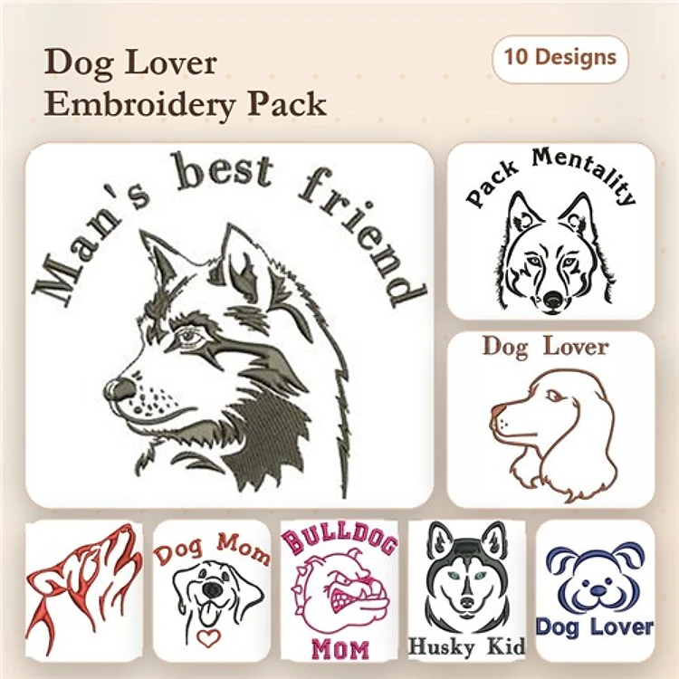 Husky & Bulldog Embroidery Bundle – Dog Lover Designs (10 Designs)