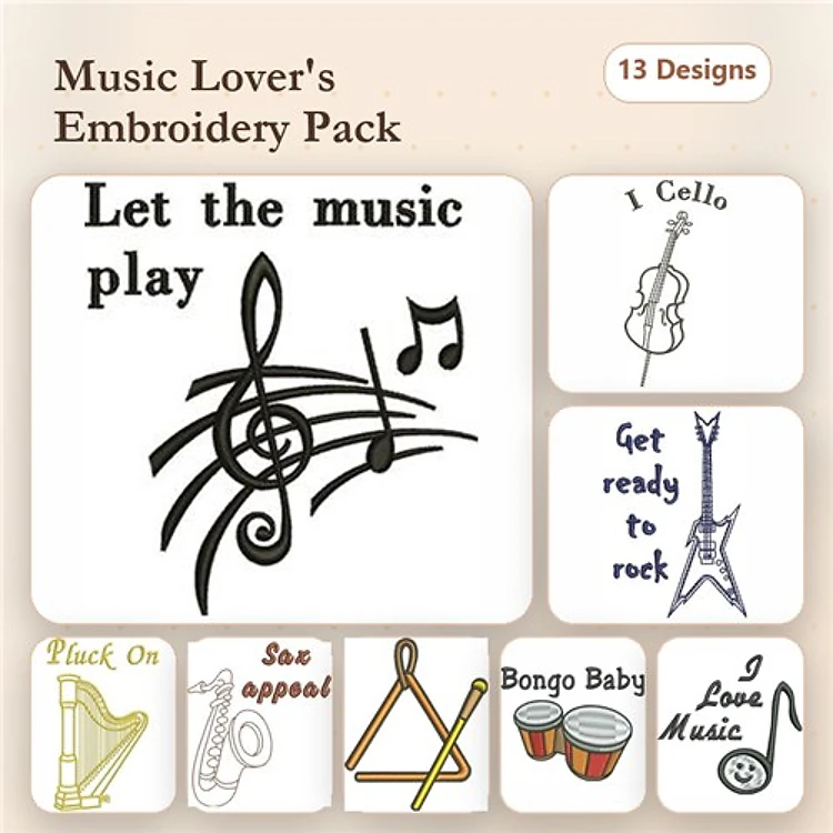 Music-Themed Embroidery Designs Bundle – Cello, Guitar, Musical Note & More (13 Designs)