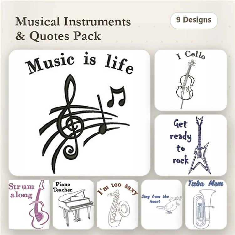 Music Quotes & Instruments Embroidery Designs Bundle – Music is Life, Get Ready to Rock, Cello & More (9 Designs)
