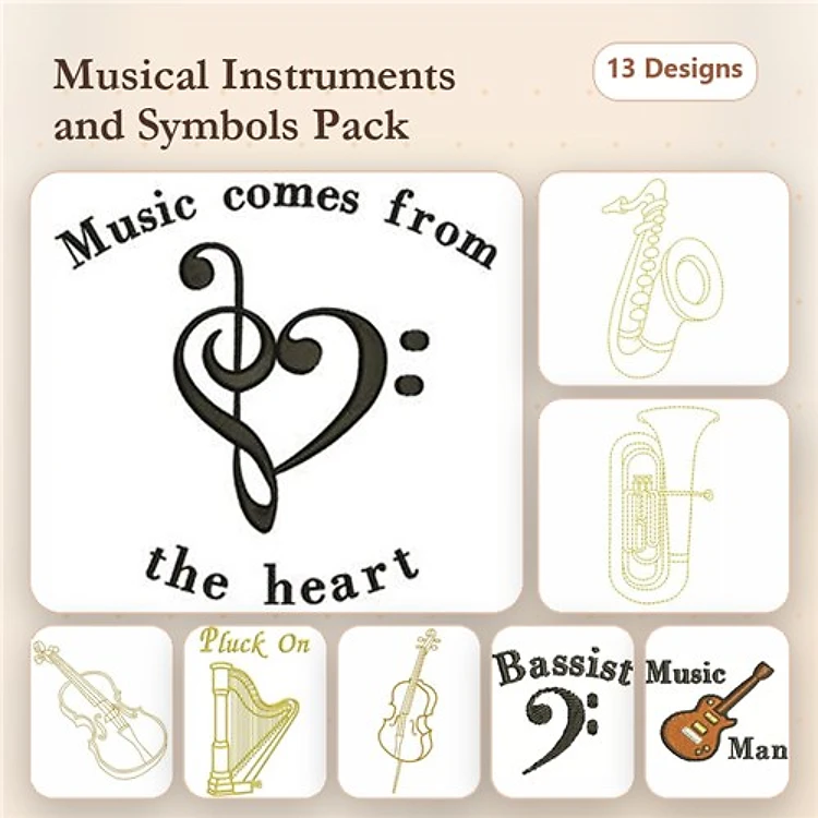 Musical Instruments Embroidery Designs Bundle – Music Heart, Saxophone, Tuba, Violin & More (13 Designs)