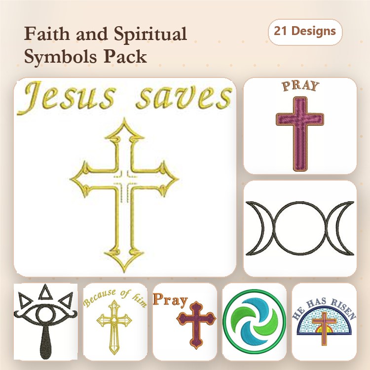 Faith & Spiritual Symbols Embroidery Designs Bundle – Jesus Saves Cross, Pray Cross, Infinity Symbol & More (21 Designs)