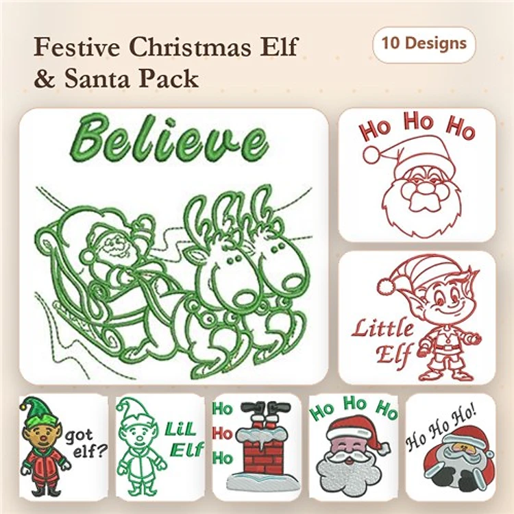 Redwork Christmas Embroidery Designs Bundle – Reindeer with Santa, Little Elf, Santa Claus & More (10 Designs)