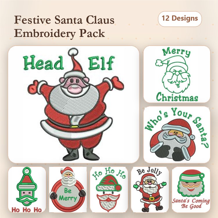 Festive Santa Claus Embroidery Designs Bundle – Head Elf, Merry Christmas, Who's Your Santa? & More (12 Designs)