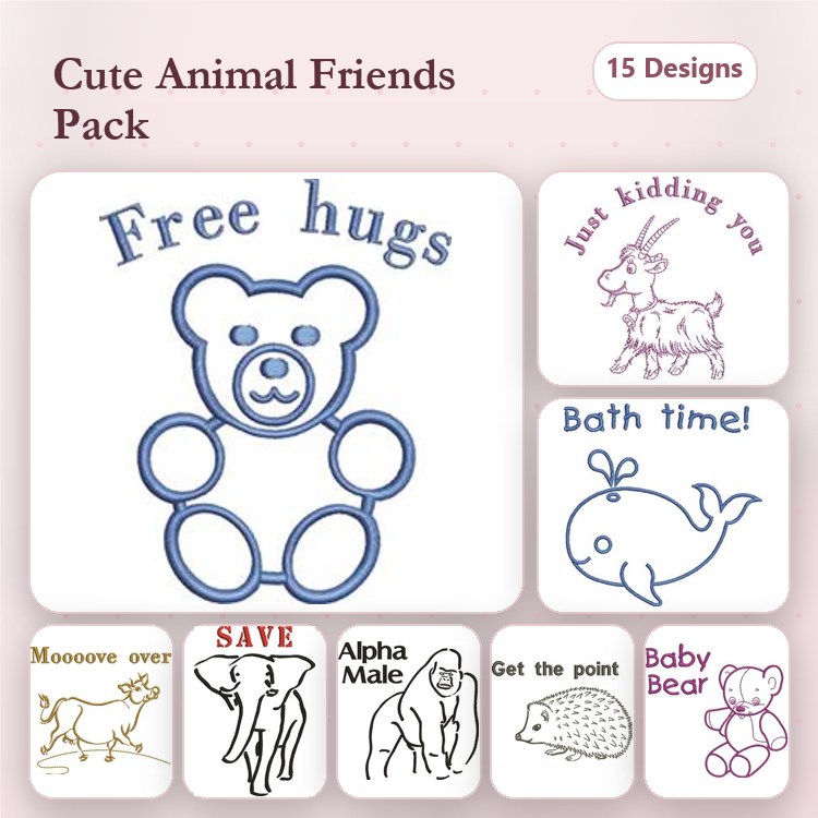 Redwork Cute Animal Embroidery Designs Bundle – Free Hugs Bear, Just Kidding Goat, Bath Time Whale & More (15 Designs)