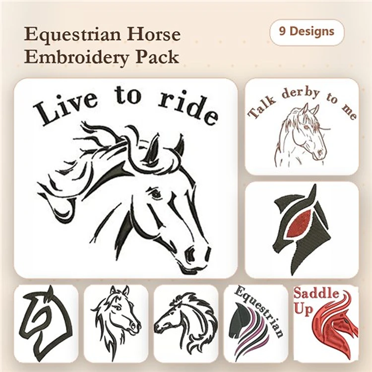 Equestrian Horse Embroidery Designs Bundle – Live to Ride, Talk Derby to Me, Horse Silhouette & More (9 Designs)