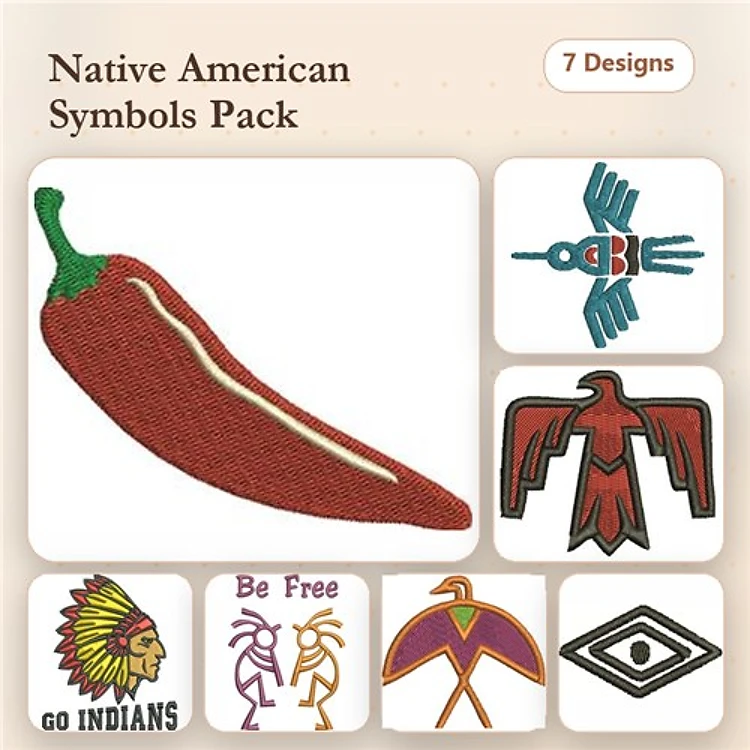 Native American Symbols Embroidery Designs Bundle – Chili Pepper, Eagle Symbol, Indian Chief & More (7 Designs)