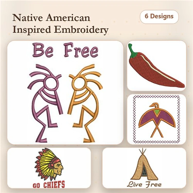 Native American Inspired Embroidery Designs Bundle – Dancing Figures, Chili Pepper, Eagle & More (6 Designs)