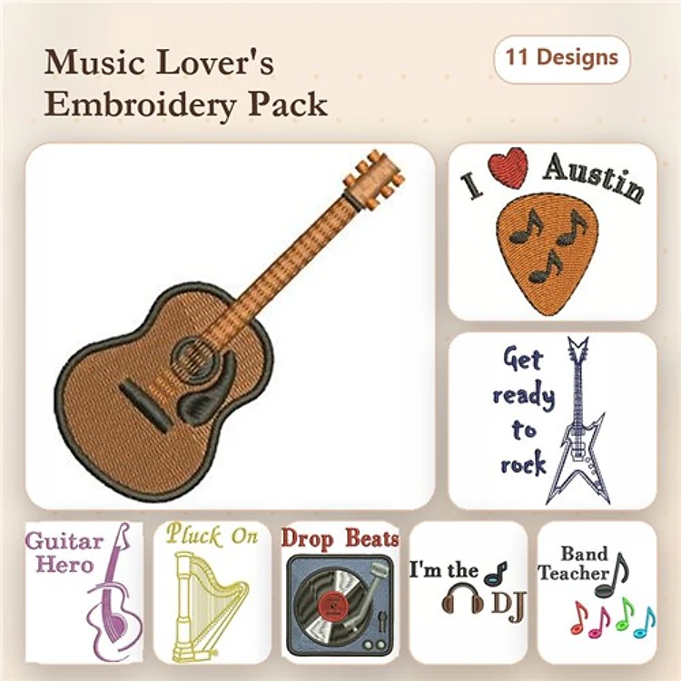 Music Themed Embroidery Designs Bundle – Acoustic Guitar, Music Notes, Guitar Hero & More (11 Designs)