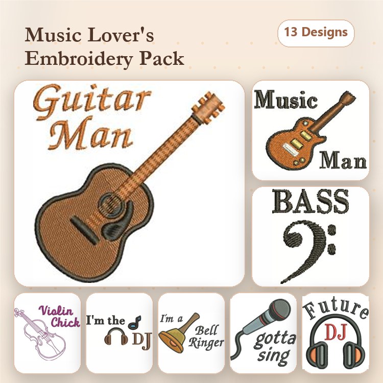Music-Themed Embroidery Designs Bundle – Guitar Man, Bass Clef, I'm the DJ & More (13 Designs)