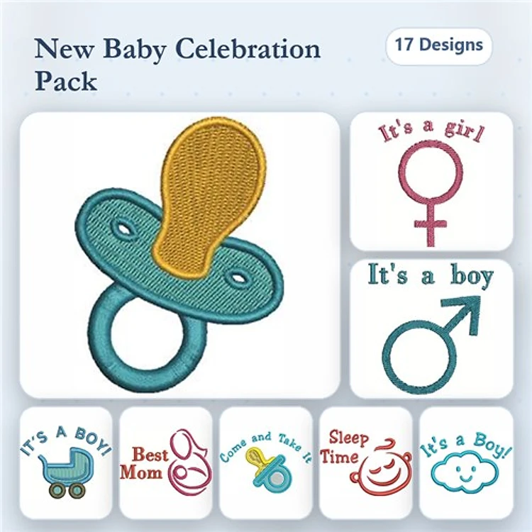 New Baby Celebration Embroidery Bundle – Pacifier, It's a Boy, It's a Girl & More (17 Designs)
