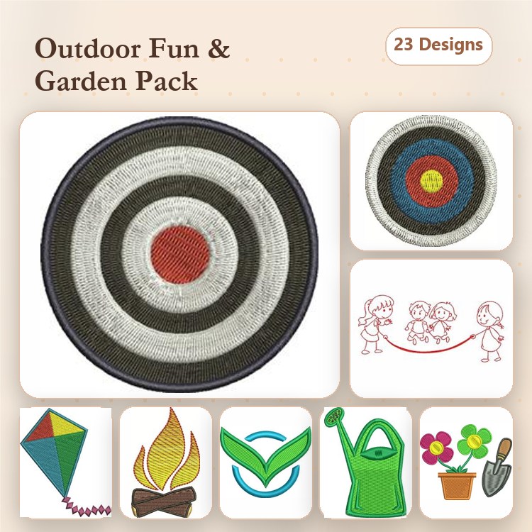 Outdoor & Garden Embroidery Designs Bundle – Target, Kite, Watering Can & More (23 Designs)