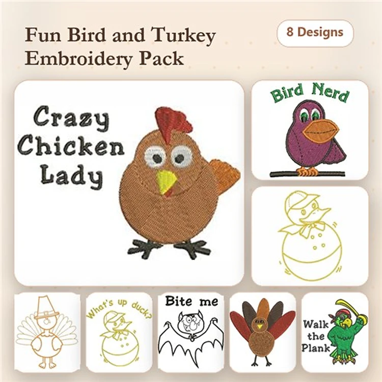 Fun Bird & Turkey Embroidery Designs Bundle – Crazy Chicken Lady, Bird Nerd, Snowman Turkey & More (8 Designs)