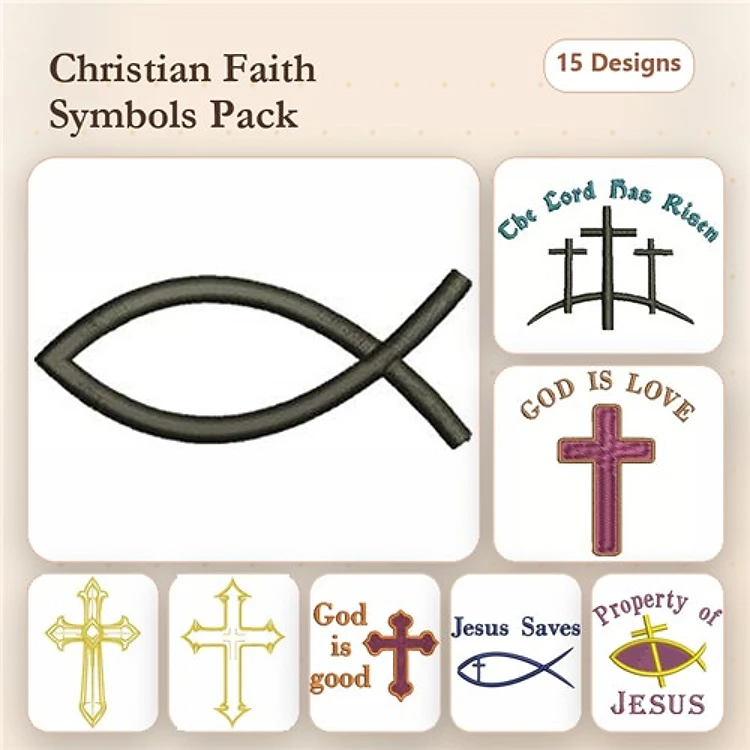 Christian Faith Symbols Embroidery Designs Bundle – Ichthys Symbol, Cross with Decoration, Jesus Saves Text & More (15 Designs)
