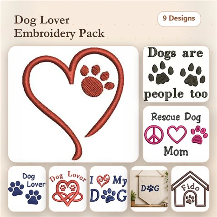 Dog Lover Embroidery Bundle – Heart & Paw Designs (9 Designs)