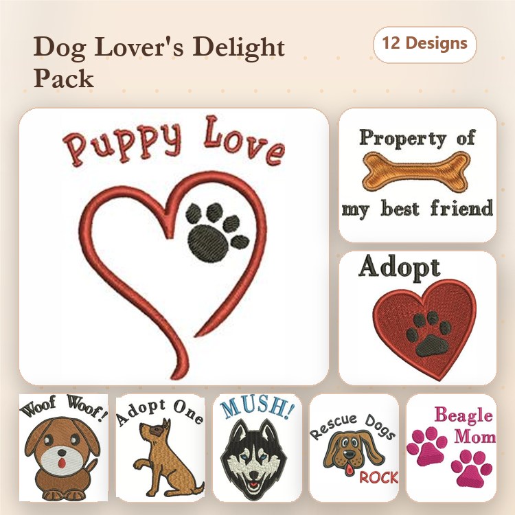 Dog Themed Embroidery Bundle – Love and Rescue Designs (12 Designs)