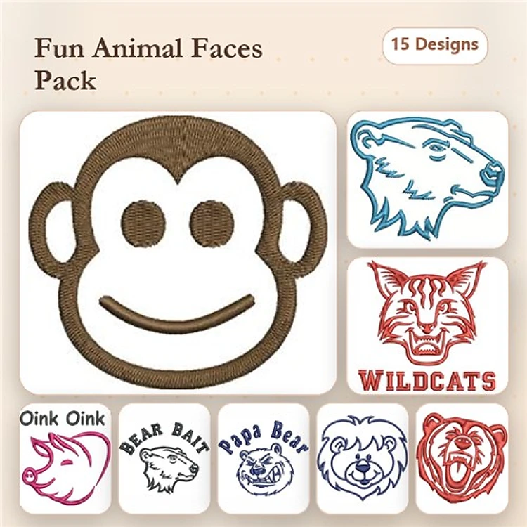 Animal Faces Embroidery Designs Bundle – Monkey Face, Bear Face, Tiger Face & More (15 Designs)