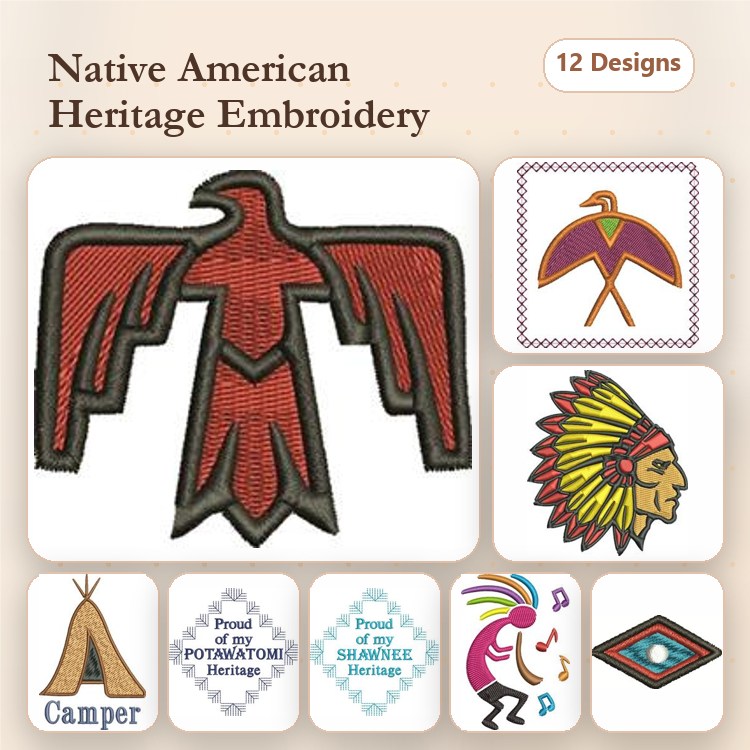Native American Heritage Embroidery Bundle – Eagle, Native American Chief, Warrior Shield & More (12 Designs)