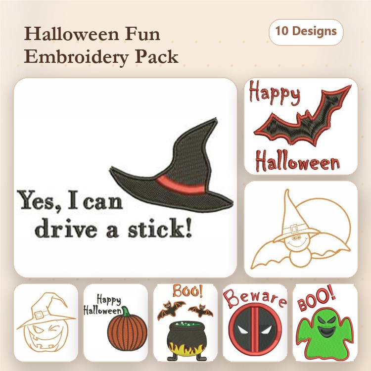 Halloween Embroidery Designs Bundle – Witch Hat, Pumpkin, Boo, Ghost & More (10 Designs)