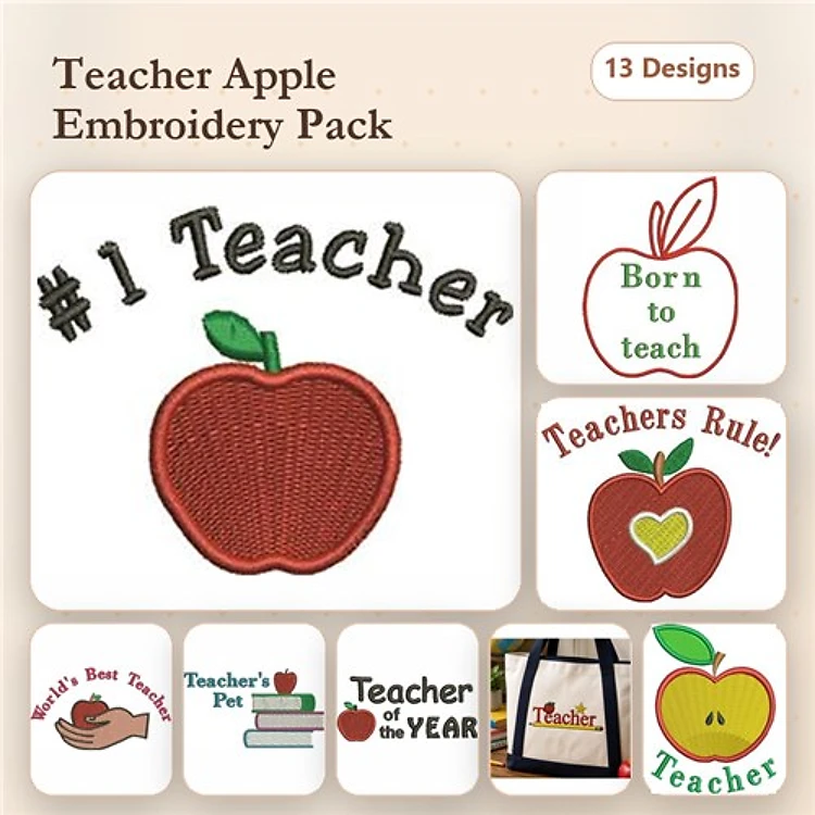 Teacher-Themed Apple Embroidery Designs Bundle – #1 Teacher, Born to Teach Apple, Teachers Rule & More (13 Designs)