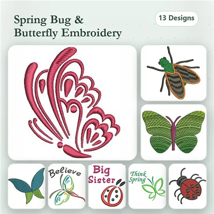 Spring Bugs & Butterflies Embroidery Designs Bundle – Butterfly Decoration, Spring Bug Design, Ladybug Embroidery & More (13 Designs)