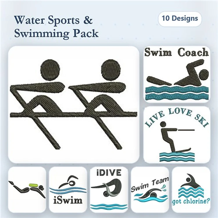 Water Sports Embroidery Designs Bundle – Rowing Figures, Swim Coach, Live Love Ski & More (10 Designs)