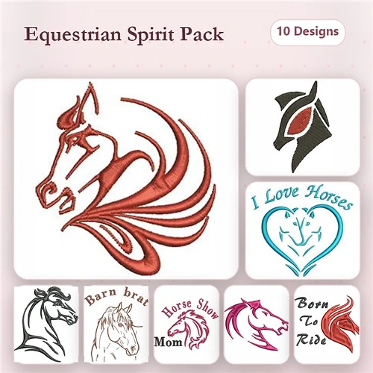 Equestrian-Themed Embroidery Designs Bundle – Horse Head Profile, I Love Horses Heart, Galloping Horse & More (10 Designs)