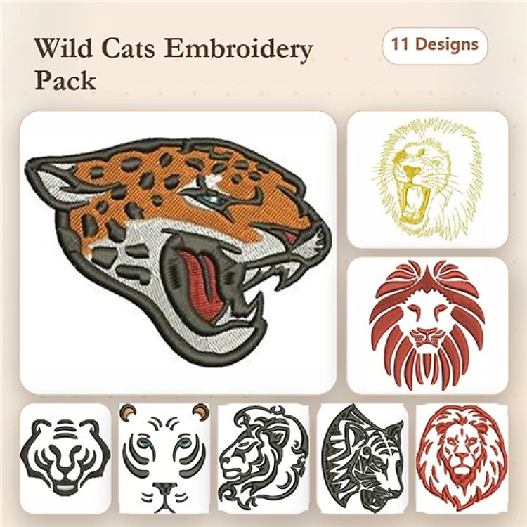 Wild Cats Embroidery Bundle – Leopard Head, Lion Face, Tiger Face & More (11 Designs)