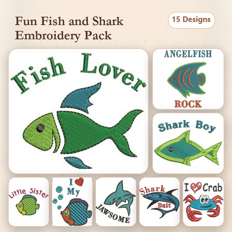 Fish and Shark Embroidery Bundle – Fish Lover, Shark Boy, Angelfish Rock & More (15 Designs)