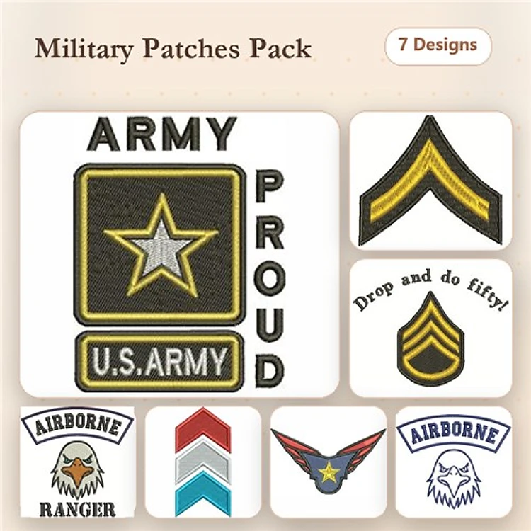 Military Patches Embroidery Designs Bundle – Army Proud, U.S. Army, Army Ranger & More (7 Designs)
