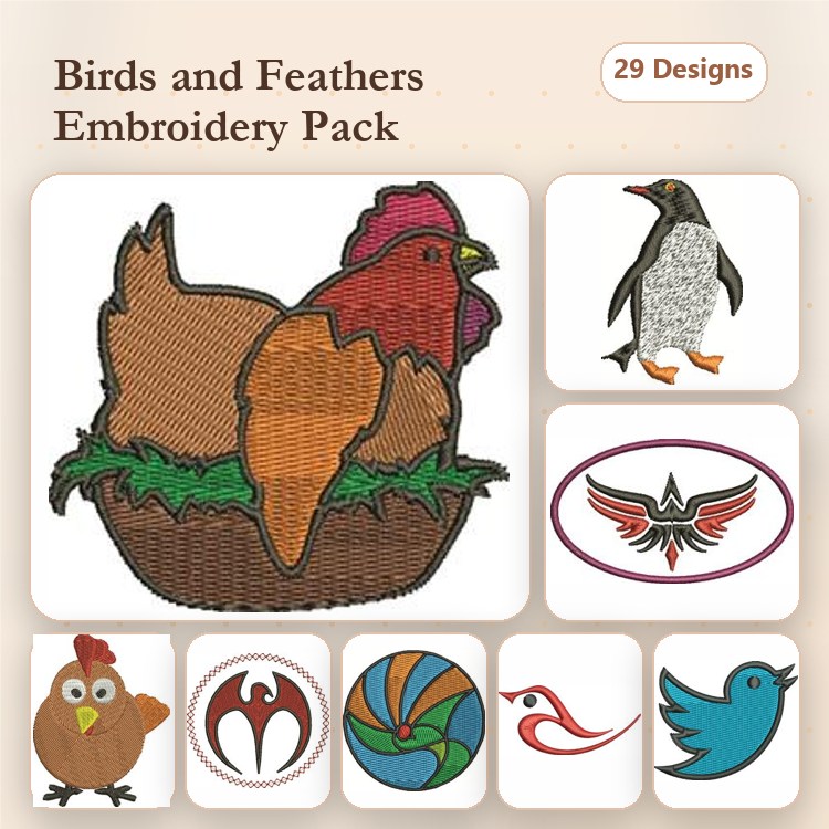 Birds and Feathers Embroidery Designs Bundle – Hen in Nest, Penguin, Hummingbird & More (29 Designs)