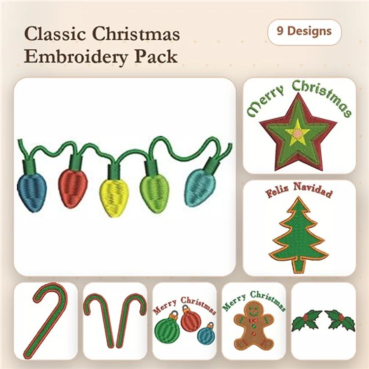 Christmas Light Bulbs & Gingerbread Man Embroidery Designs Bundle – Candy Cane, Christmas Star, Merry Christmas & More (9 Designs)