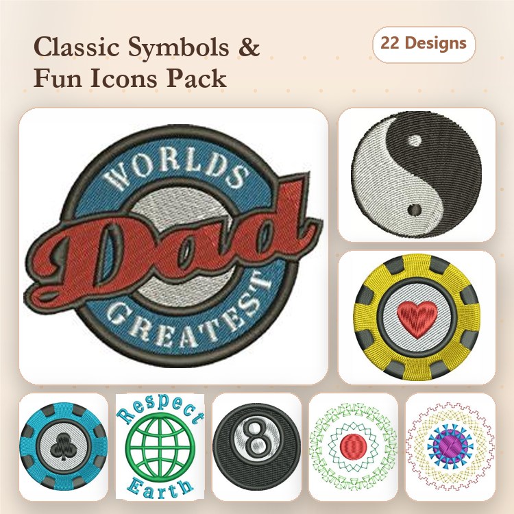 Classic Symbols & Fun Icons Embroidery Designs Bundle – World's Greatest Dad Emblem, Yin Yang Symbol, Pool Ball with Heart & More (22 Designs)