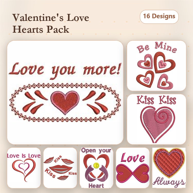 Redwork Valentine's Day Embroidery Bundle – Be Mine, Love is Love, Kiss Kiss & More (16 Designs)