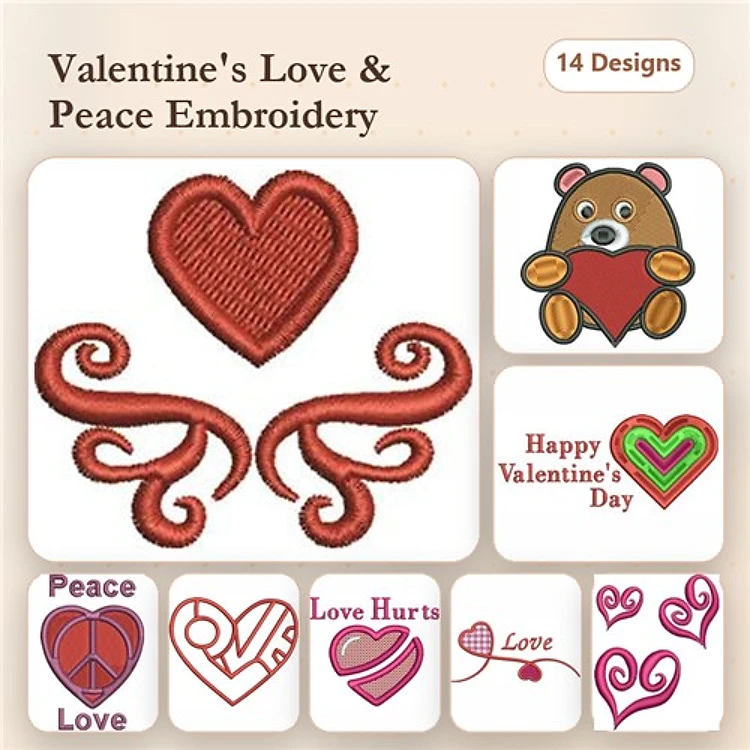 Valentine's Day Hearts Embroidery Designs Bundle – Hearts with Swirls, Love Heart, Cupid's Heart & More (14 Designs)