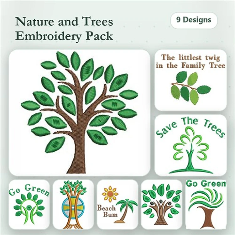 Nature and Trees Embroidery Designs Bundle – Family Tree, Save The Trees, Go Green & More (9 Designs)