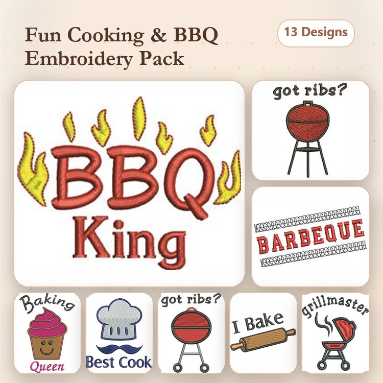 Cooking & BBQ Fun Embroidery Designs Bundle – BBQ King, Barbeque, got ribs? & More (13 Designs)