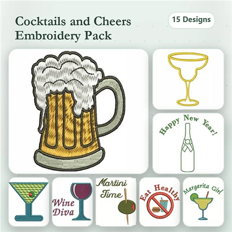 Cocktails & Drinks Embroidery Designs Bundle – Beer Mug, Martini Glass, Champagne Bottle & More (15 Designs)