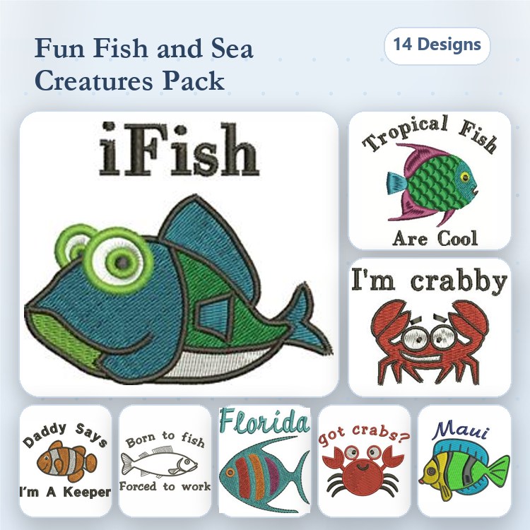 Fish and Sea Creatures Embroidery Designs Bundle – iFish, Tropical Fish Are Cool, I'm Crabby & More (14 Designs)