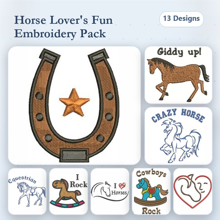 Horse-themed Embroidery Bundle – Horseshoe with Star, Galloping Horse, Crazy Horse & More (13 Designs)